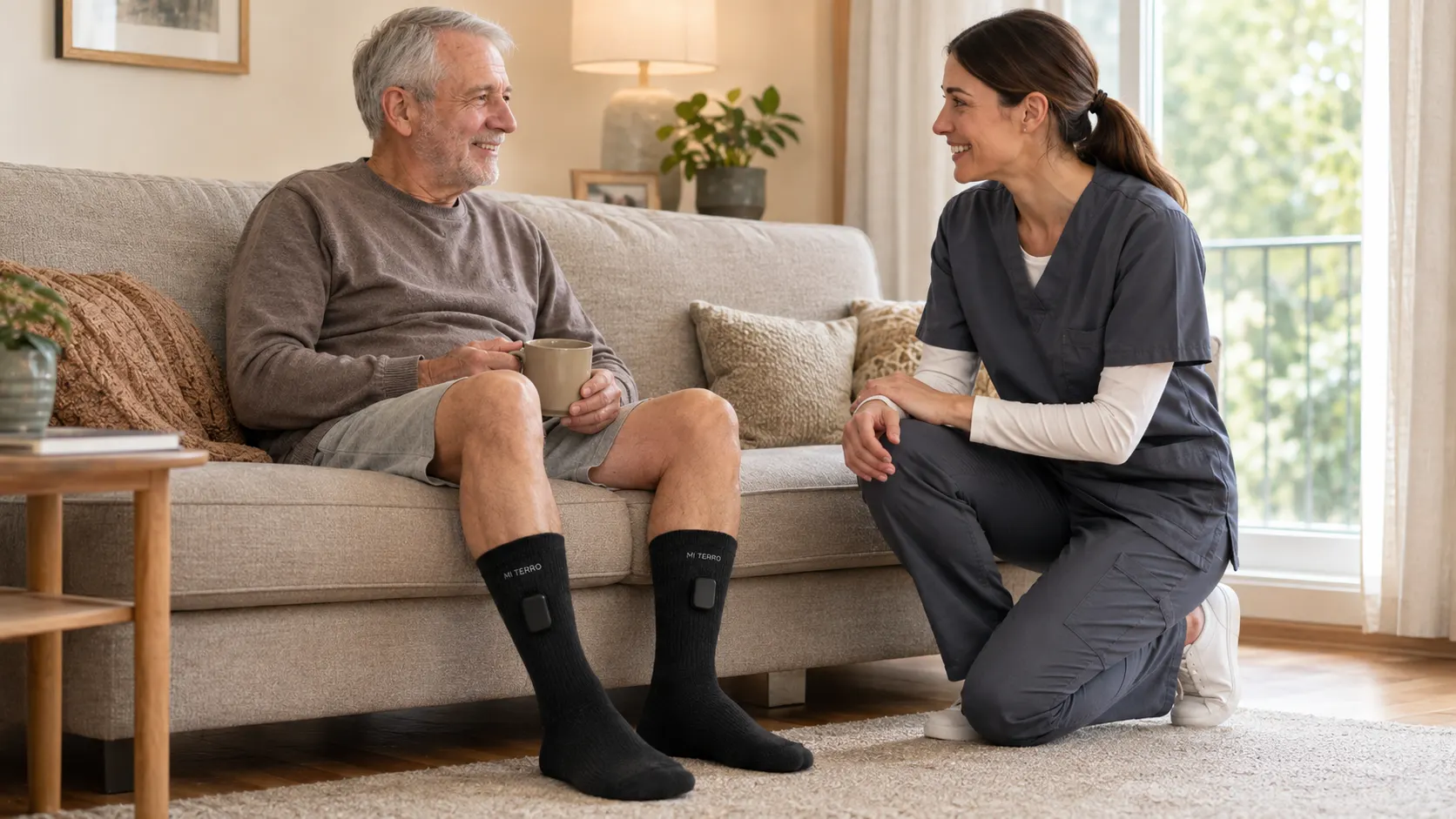 Older adult wearing Mi Terro Smart Socks during a home care visit
