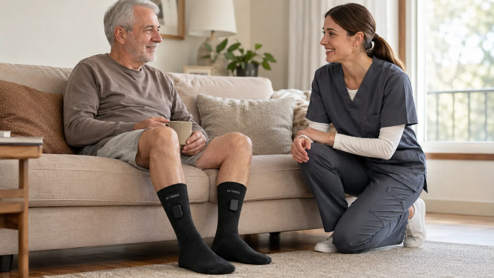 Older man wearing Mi Terro Smart Socks during a home care conversation
