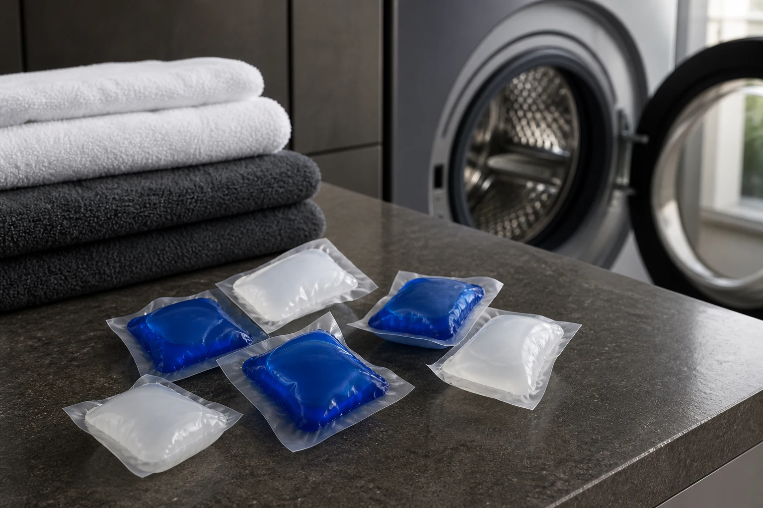 Water-soluble blue and clear laundry detergent capsules beside a washing machine