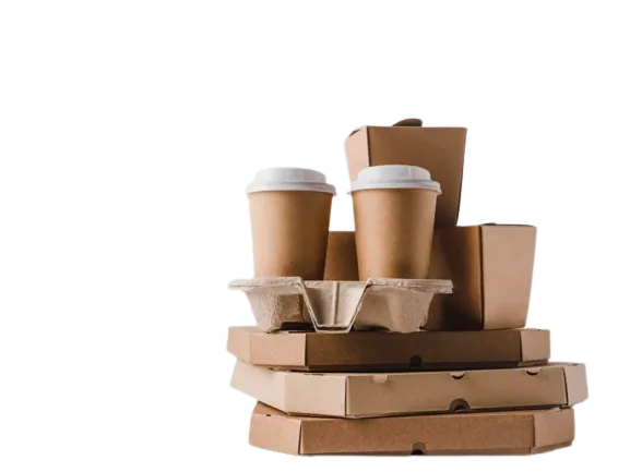 Paper cups, trays, and boxes representing packaging applications for Mi Terro biomaterials