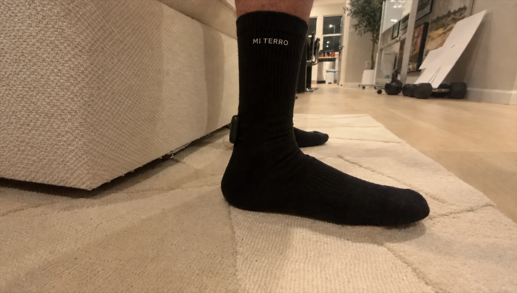 Full Mi Terro prototype sock worn at home, showing the branded cuff and enclosed ankle module